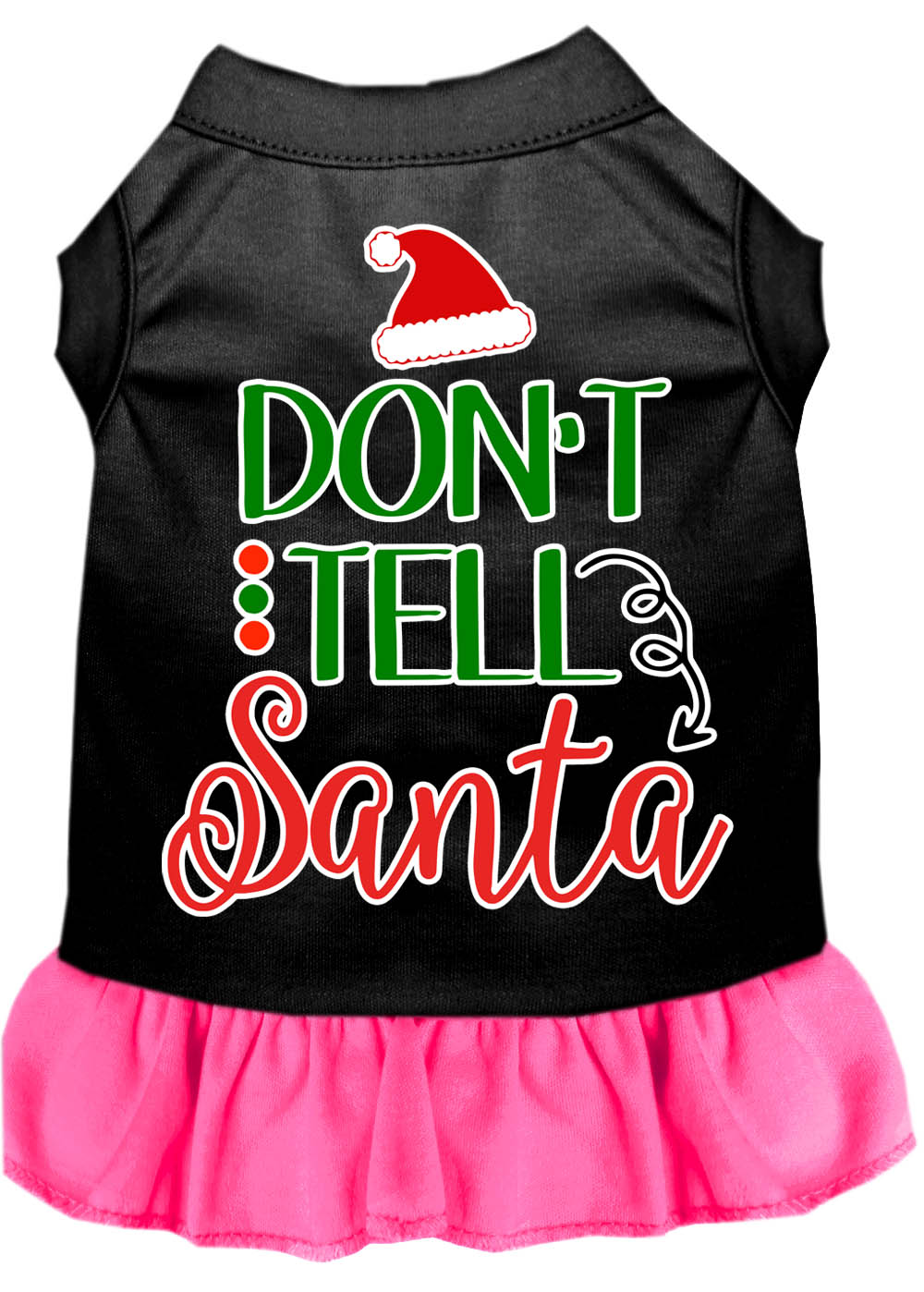 Don't Tell Santa Screen Print Dog Dress Black with Bright Pink Lg